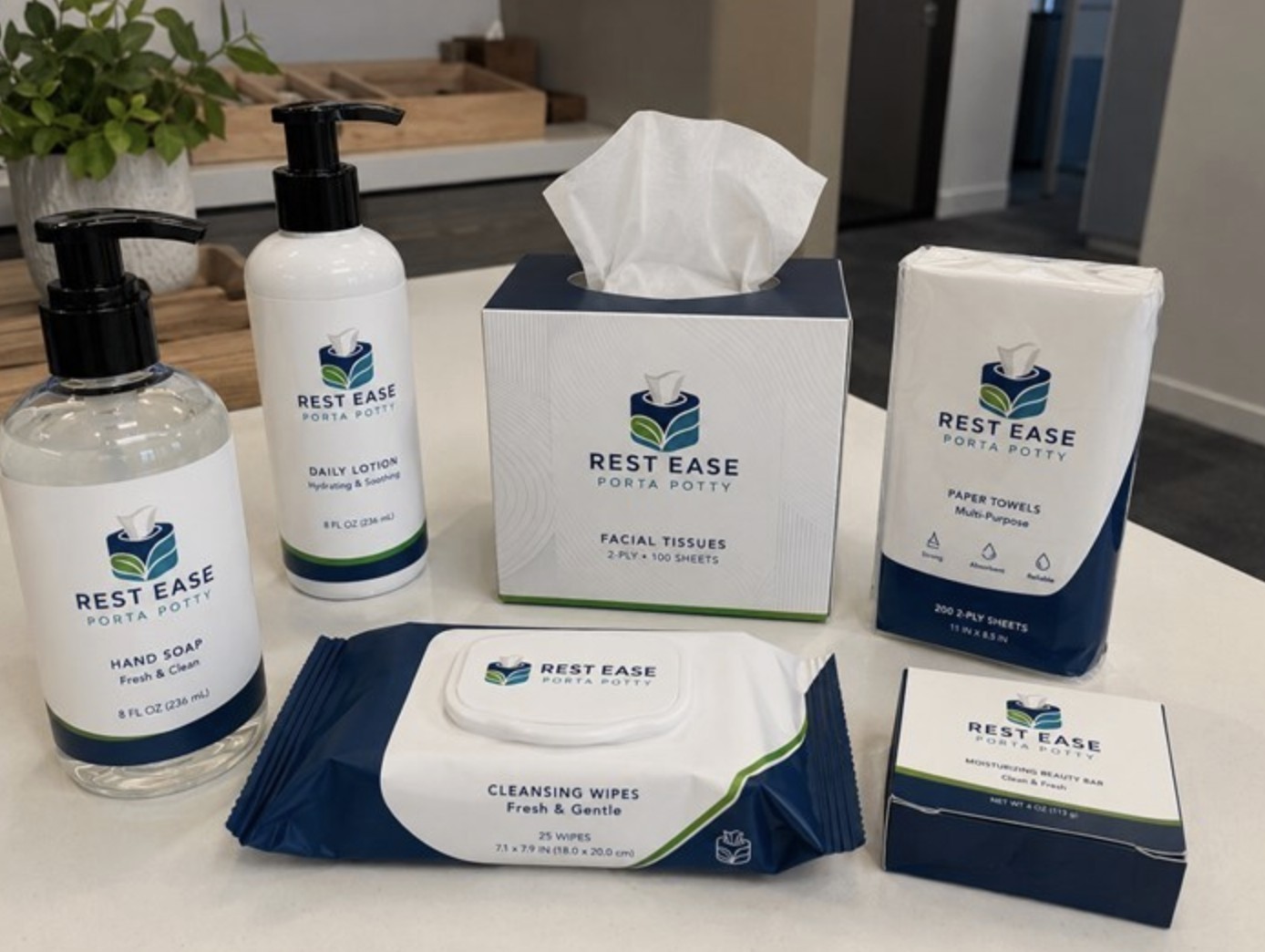 Rest Ease Porta Potty toiletries product lineup