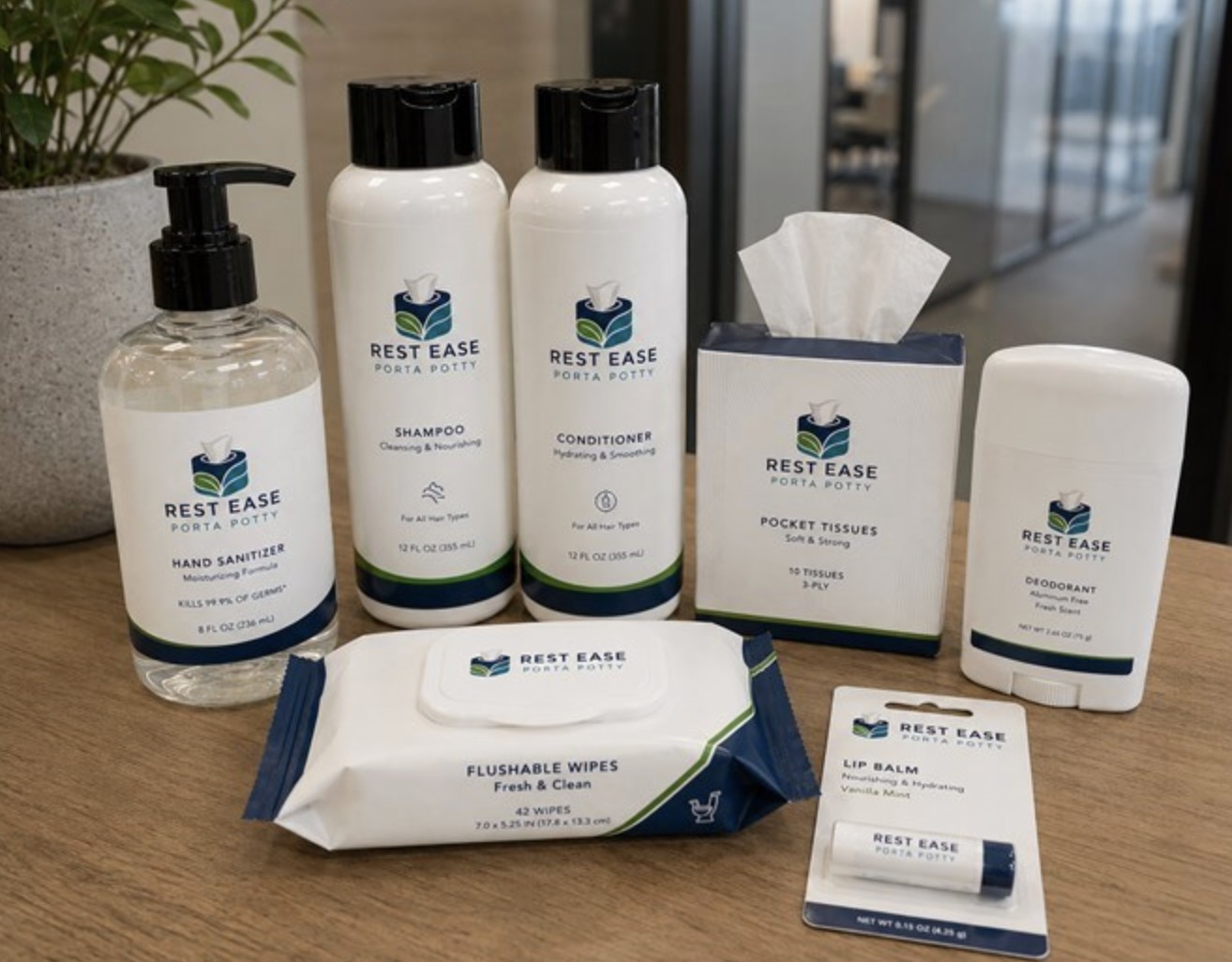 Rest Ease Porta Potty travel toiletries — sanitizer, shampoo, conditioner, deodorant, flushable wipes, lip balm